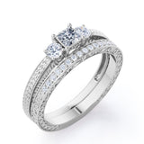 1.25 Carat Princess Cut Moissanite And Diamond Three Stone Wedding Ring Set In White Gold