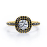 Cushion Double Halo - 1.5 TCW Round Cut Moissanite with Lab Created Black Diamond - Engagement Ring with Pave Accents in White Gold