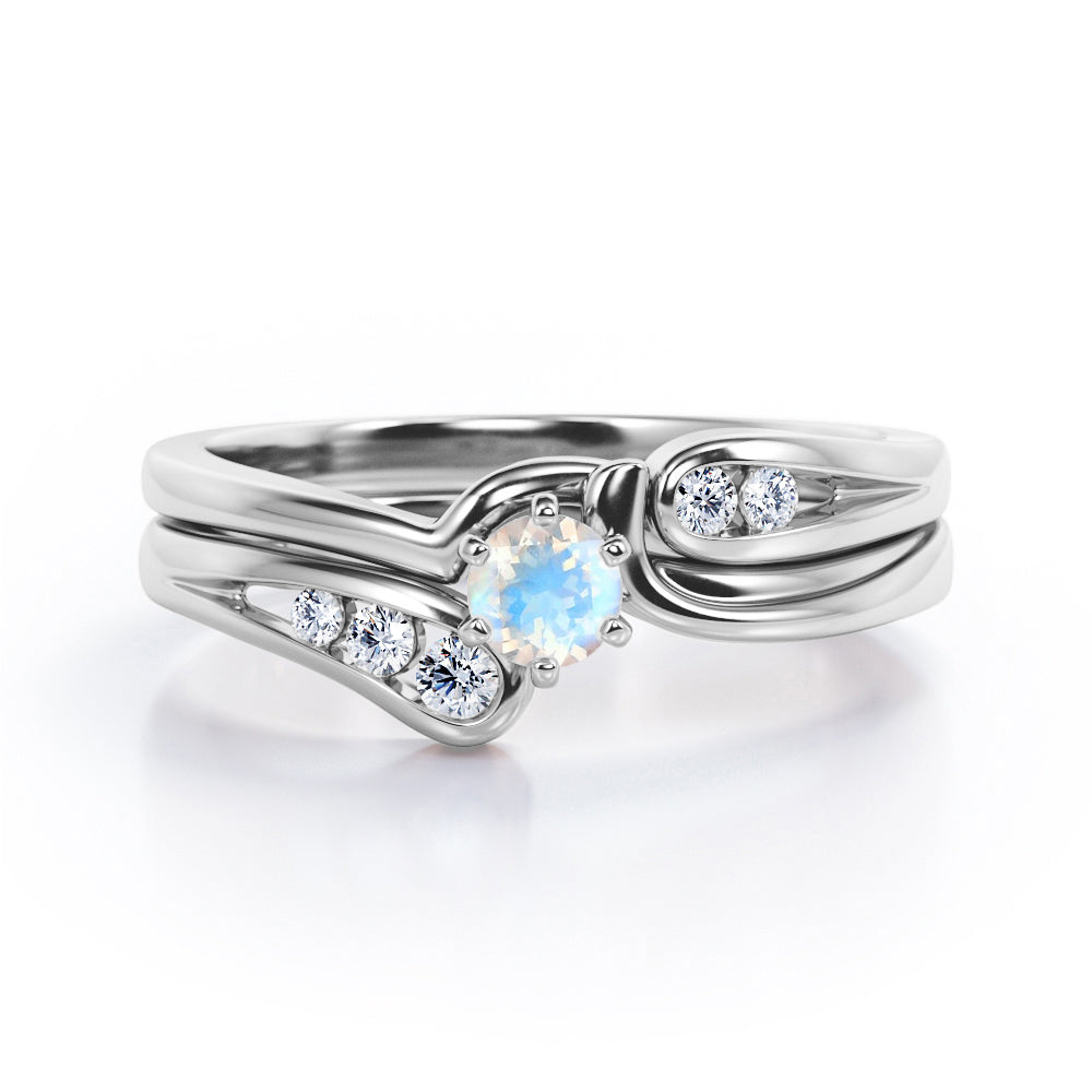 Mini Channel Design 0.5 TCW Round Cut Moonstone and Moissanite Six-Prong Bridal Ring Set in Rose Gold