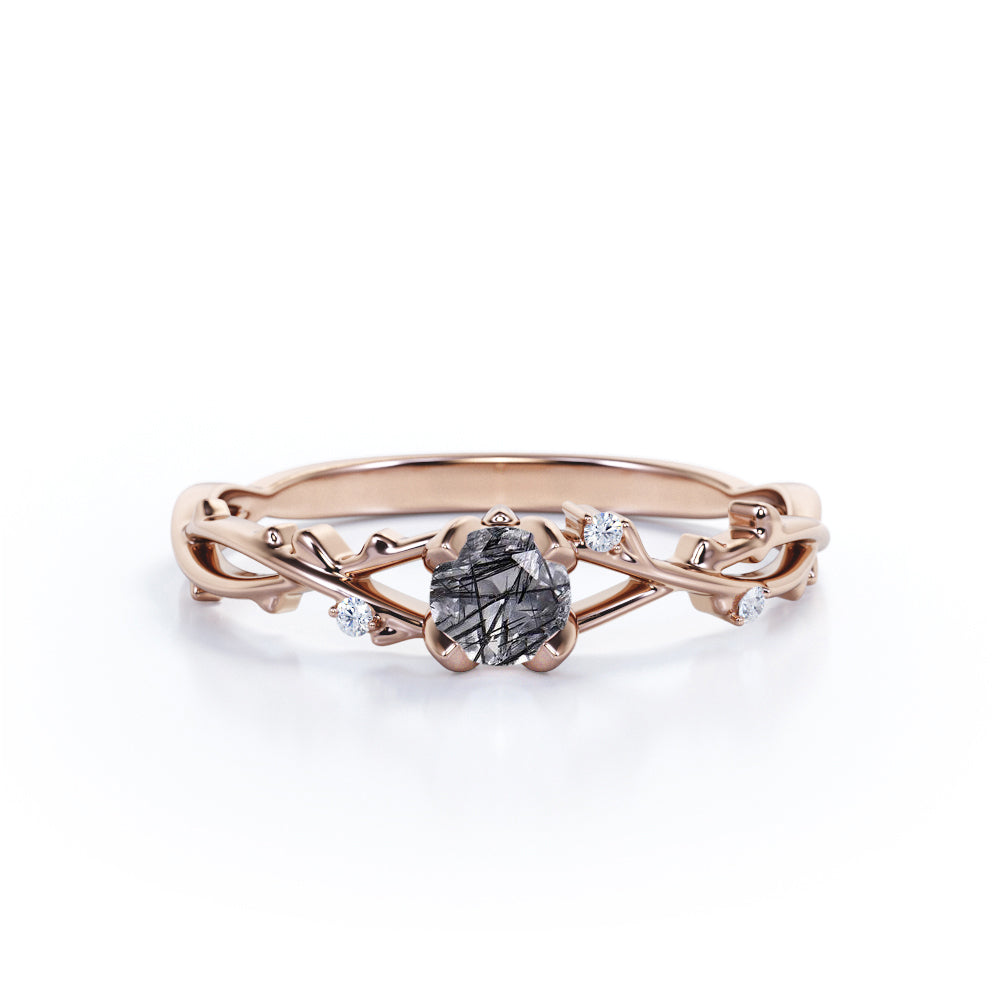 Solitaire Leaf Design 0.60 Carat Round Cut Transparent Druzy Black Rutilated Quartz and Diamond Infinity Engagement Ring