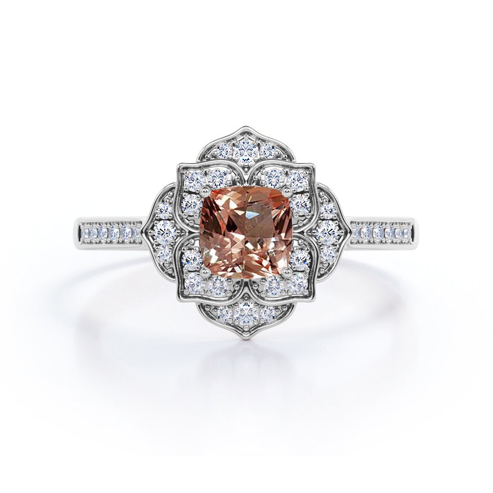 Art Deco 1.25 Carat Cushion Cut Peach Morganite and Diamond Engagement Ring in 10k Rose Gold Stunning Ring
