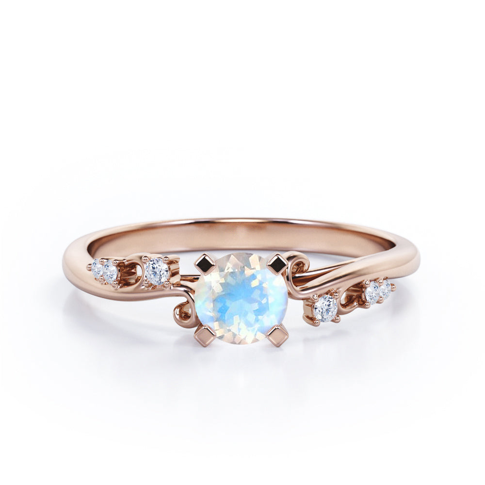 Minimalist 1.05 Carat Round Cut Moonstone And Diamond Seven Stone Engagement Ring In White Gold