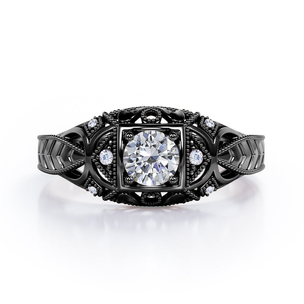 Art Deco Style 1.05 Carat Round Cut Moissanite And Diamond Square Framed Vintage Filigree Engagement Ring In Rose Gold