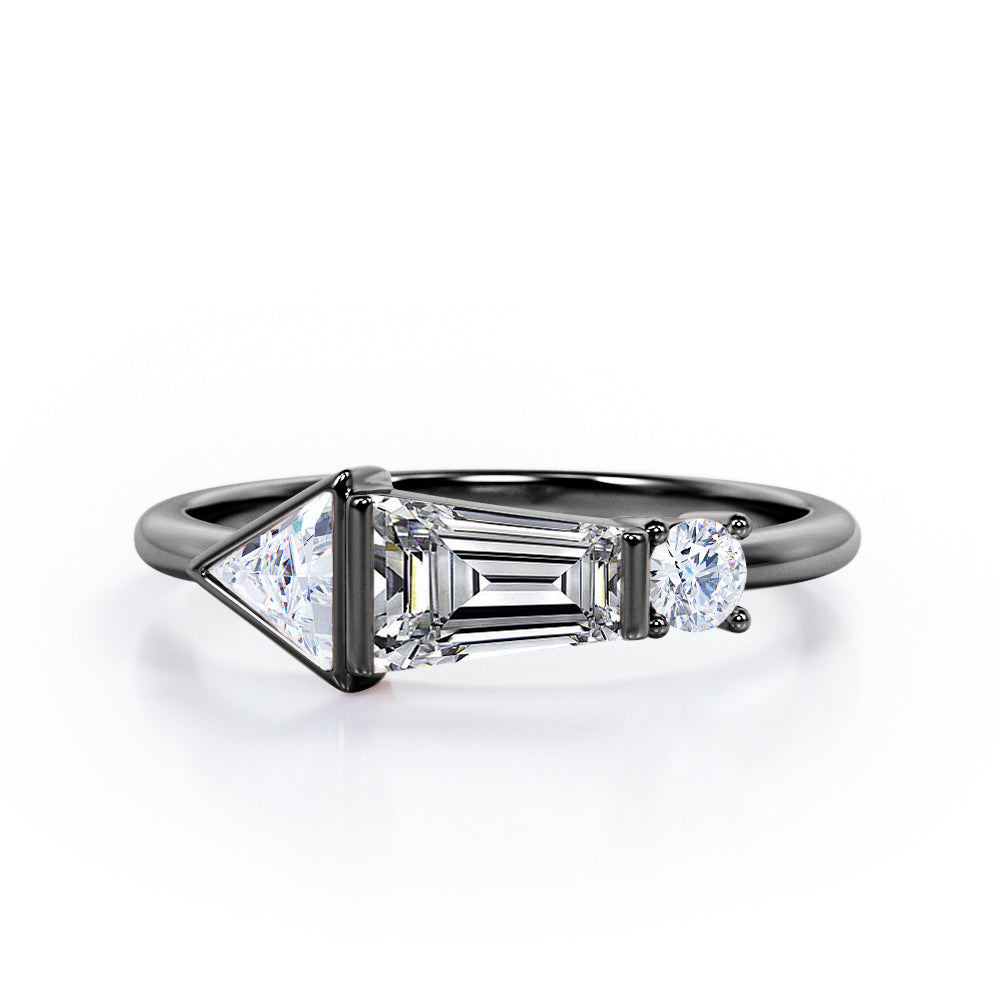 Lovely House Three Stone Baguette Cubic Engagement Ring in Rose Gold