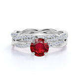 Infinity Design Four Claw 2 Carat Round Cut Lab Ruby and Diamond Pave Wedding Set in White Gold