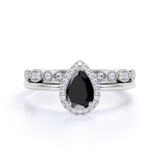 Antique Vintage 1.50 Carat Pear cut Artdeco Halo Bridal Wedding Ring Set with Lab Black Diamond for Her in White Gold