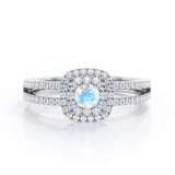 Clustered 1.55 Carat Round Cut Moonstone And Diamond Double Halo Split Shank Engagement Ring In White Gold