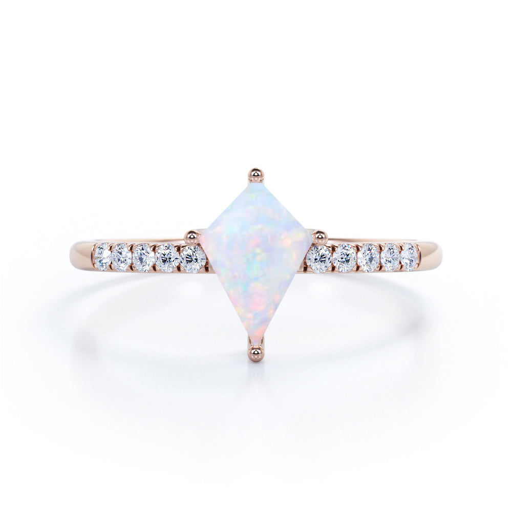Geometric 1.10 Carat Kite Shaped Ethiopian Opal And Diamond Pave Half Eternity Engagement Ring In White Gold