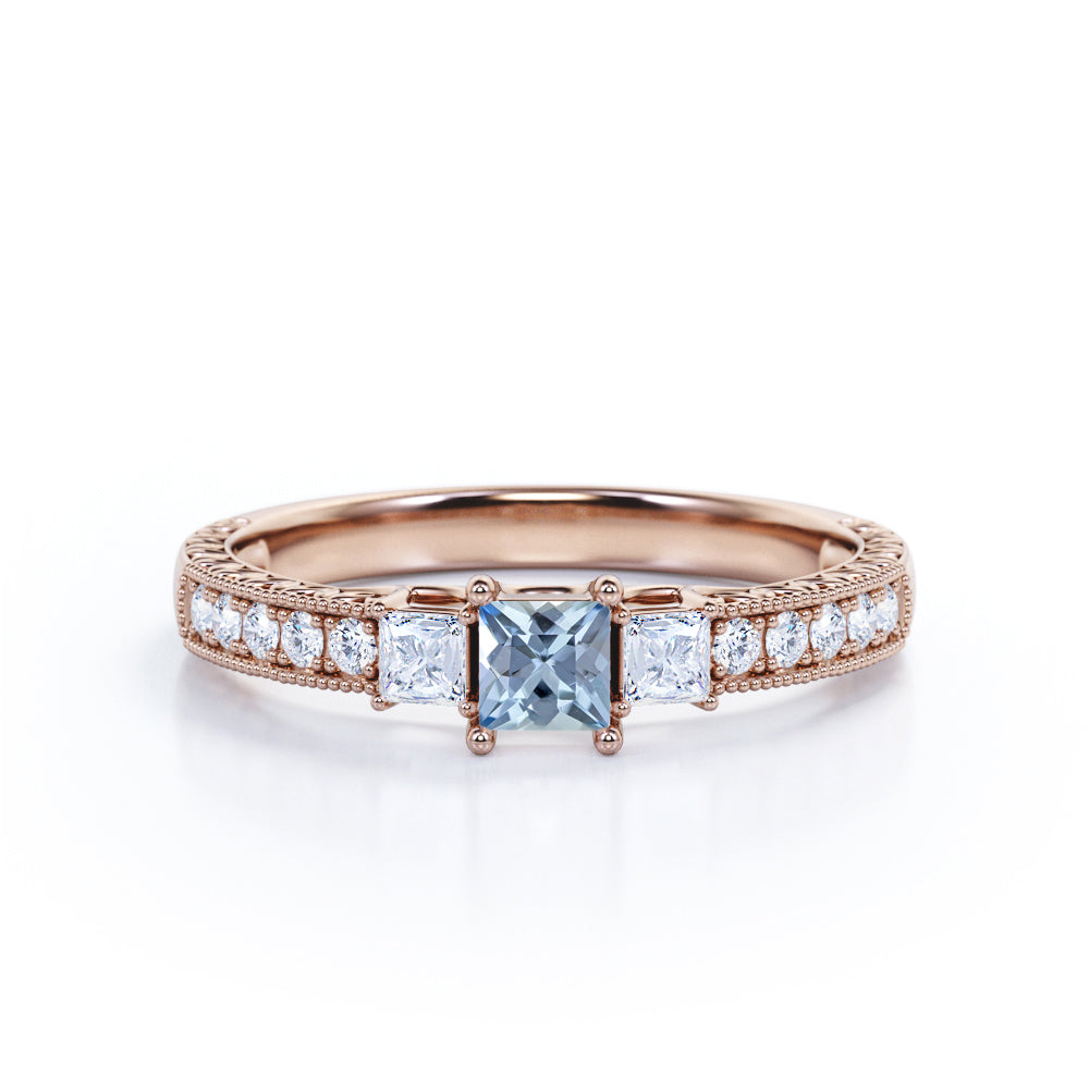 1.20 Carat Princess Cut Aquamarine And Diamond Beaded Pave Engagement Ring In White Gold