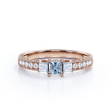 1.20 Carat Princess Cut Aquamarine And Diamond Beaded Pave Engagement Ring In White Gold