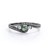 Bypass Three Stone 1.75 Carat Round Cut Milky White Scenic Moss Green Agate and Diamond Channel Set Engagement Ring for Women