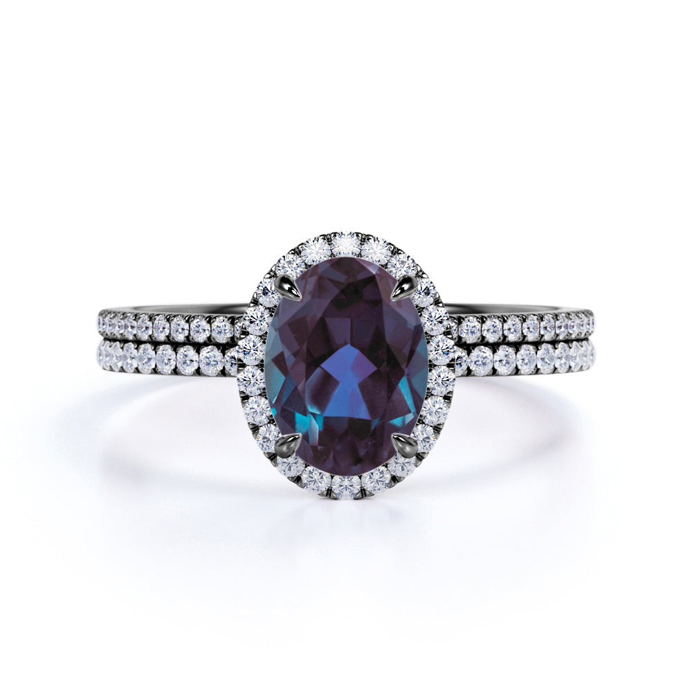 4 Prong Halo 1.75 Carat Oval Cut Lab Grown Alexandrite and Diamond Pave Wedding Ring Sets
