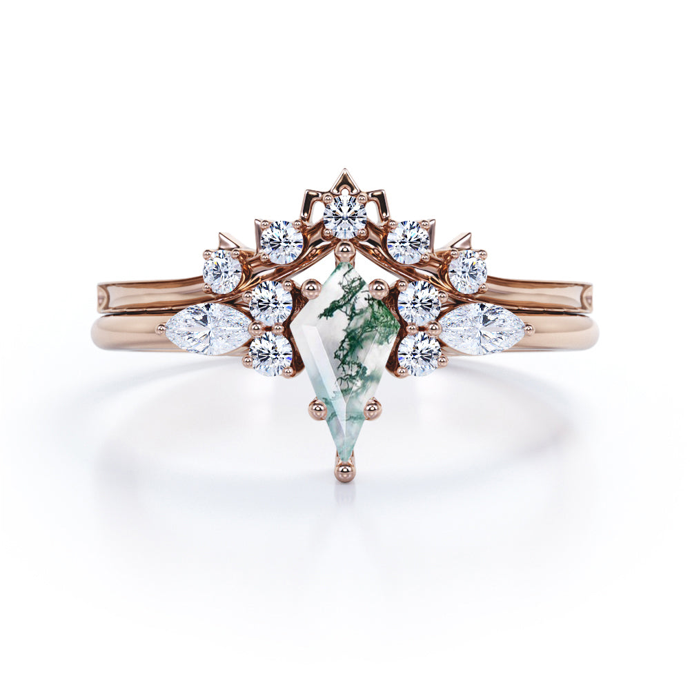 Spike 1.5 carat Kite Shape Moss Agate and Moissanite Wedding Ring Set in Black Gold