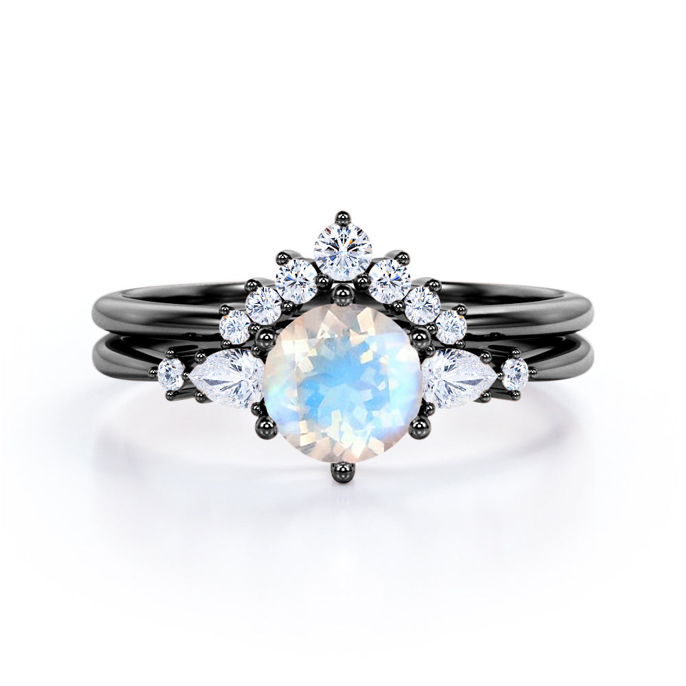 Diverse Five Stones 0.6 carat Round Moonstone and Moissanite Bridal Ring Set in Rose Gold