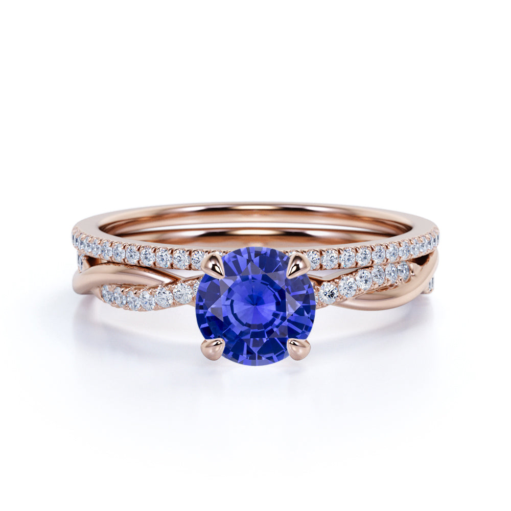 1.5 Carat Round Cut Sapphire and Diamond Bridal Ring Set in 10k White Gold Splendid Ring