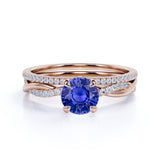 1.5 Carat Round Cut Sapphire and Diamond Bridal Ring Set in 10k White Gold Splendid Ring