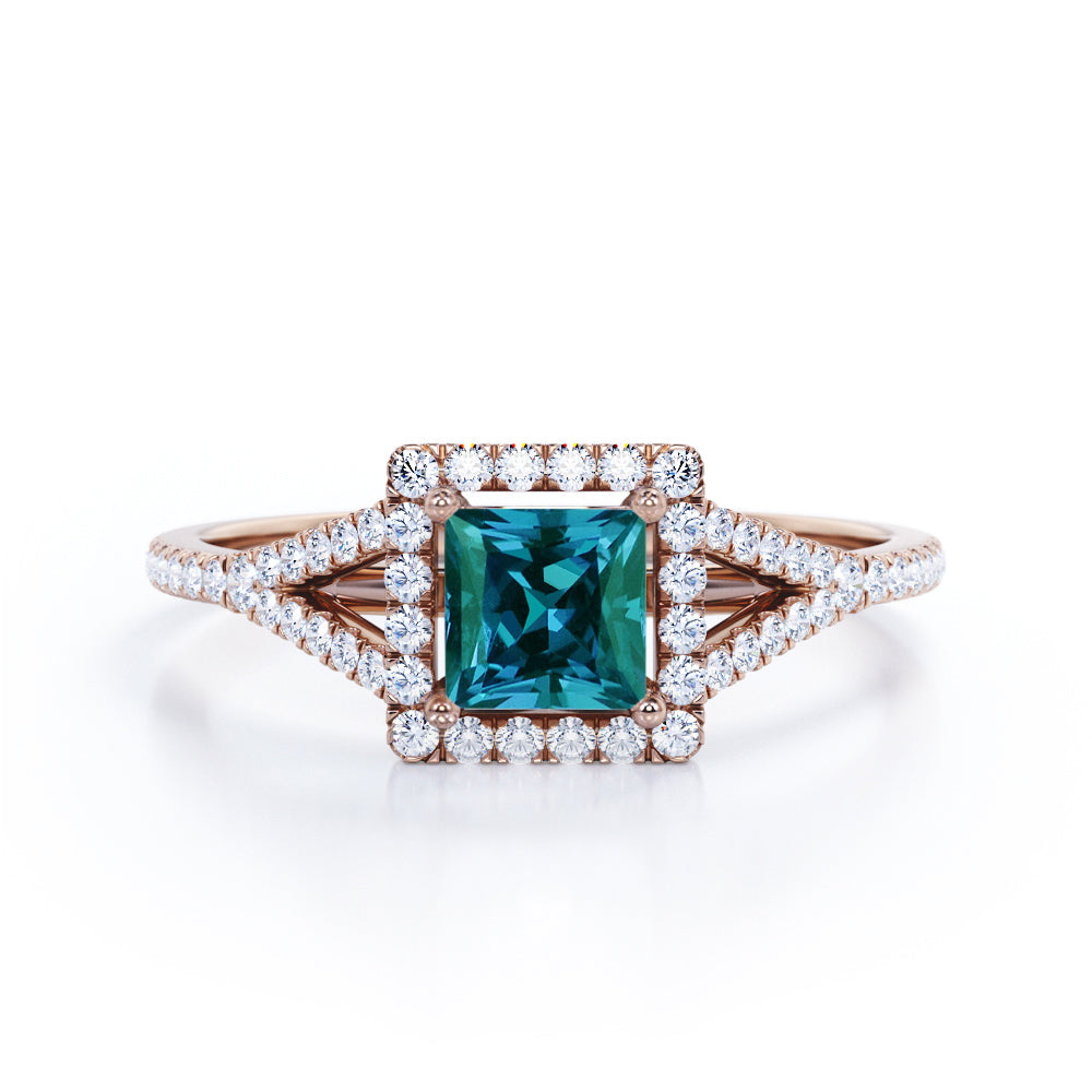 Split Shank 1.40 Carat Princess Cut Lab Created Alexandrite And Diamond Pave Engagement Ring In White Gold For Women