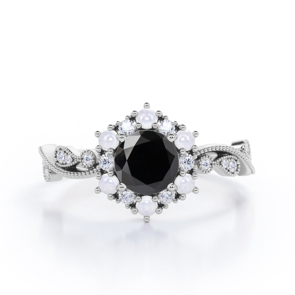 Floral Halo 0.7 carat Round Black Diamond Engagement Ring in Black Gold