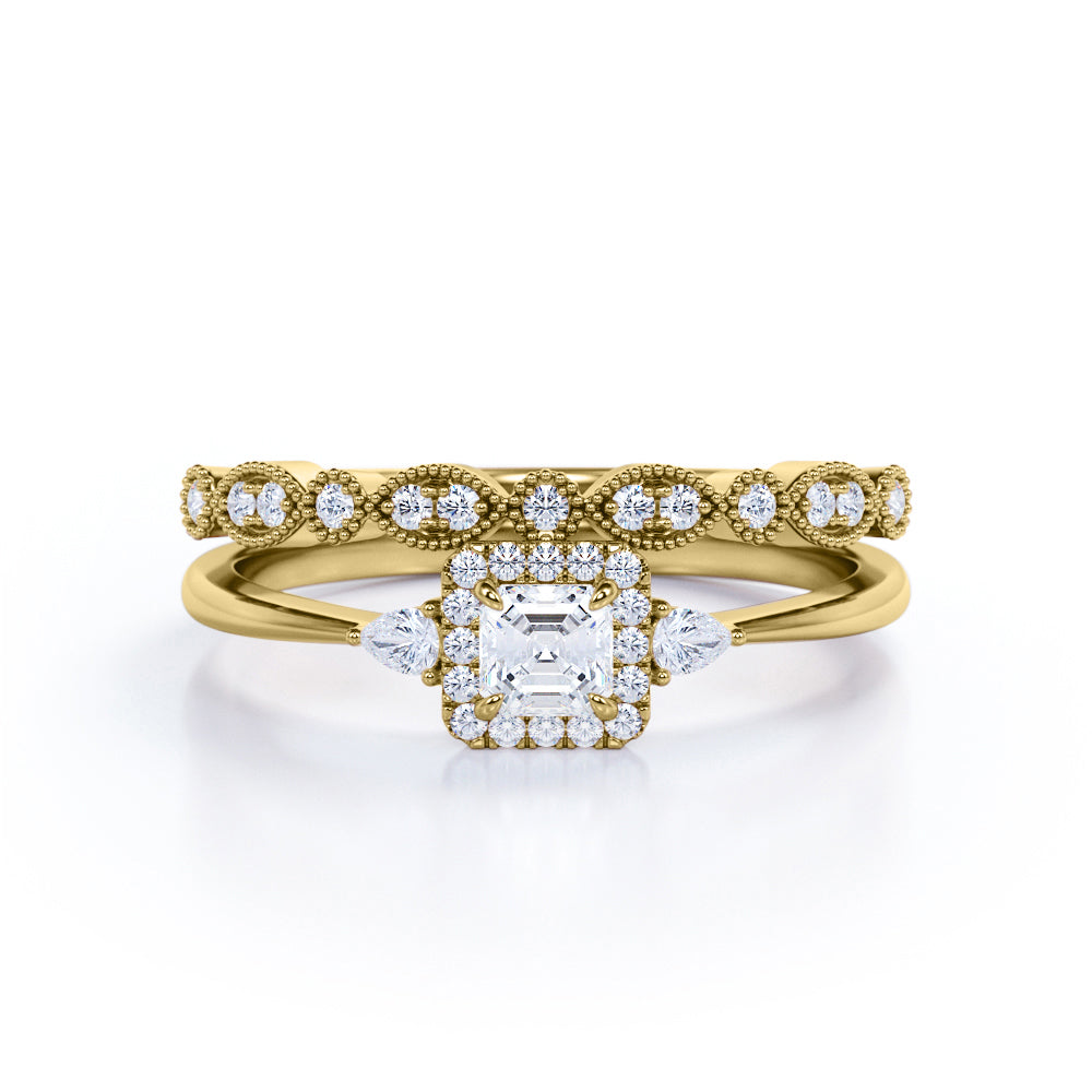 Antique 1.25 carat Asscher Moissanite and Diamond Halo Bridal set in White Gold For Her