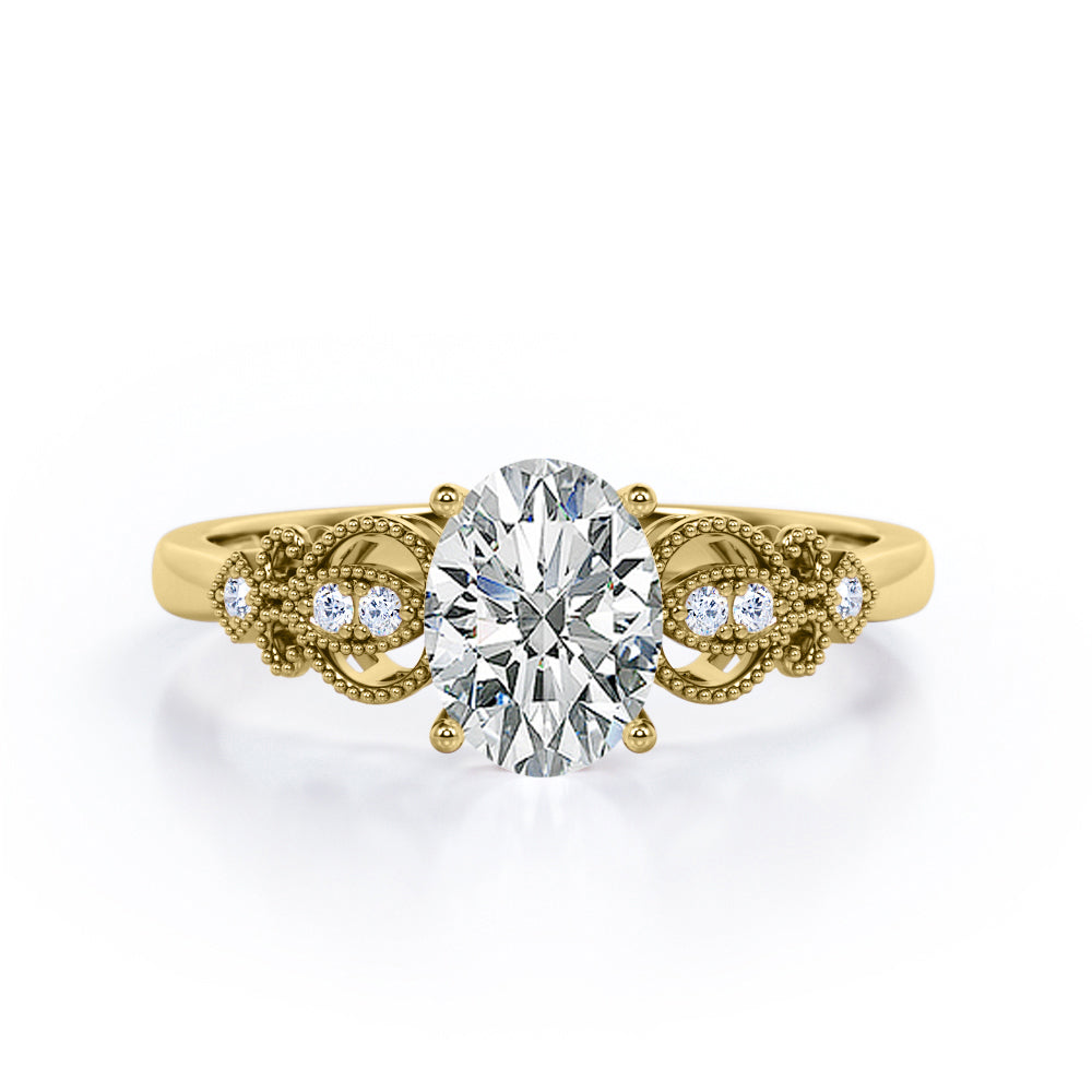 Swirly 0.5 carat Oval Moissanite and Diamonds Antique Engagement Ring in Black Gold