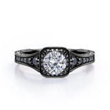 Double Prong Cluster - 1.4 TCW Round Moissanite with Lab Created Black Diamond - Filigree Pave Channel Engagement Ring in Rose Gold