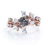 Floral Nature-Inspired 1 Carat Round Cut Solid Dendritic Black Rutilated Quartz and Diamond Unusual Engagement Ring for Women