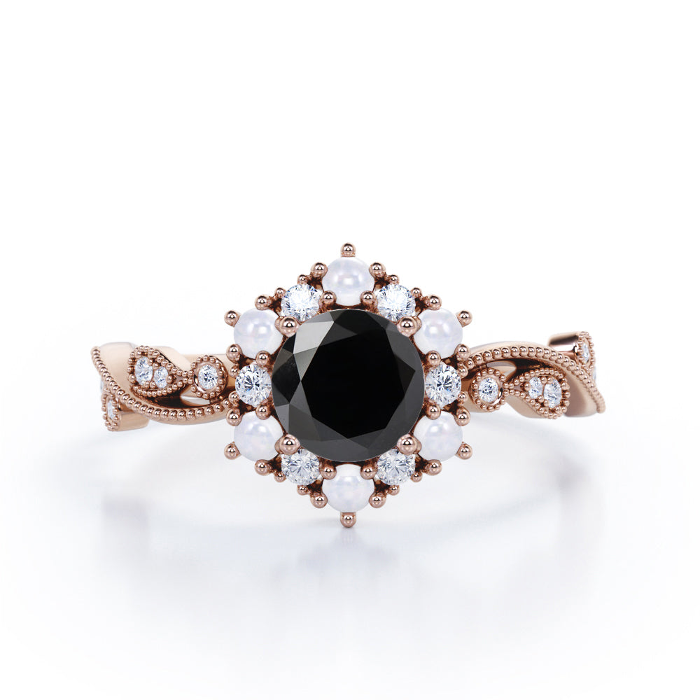 Floral Halo 0.7 carat Round Black Diamond Engagement Ring in Black Gold