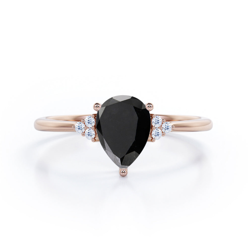 Seven Stone 0.5 carat Pear Black Diamond Dainty Band Engagement Ring in White Gold