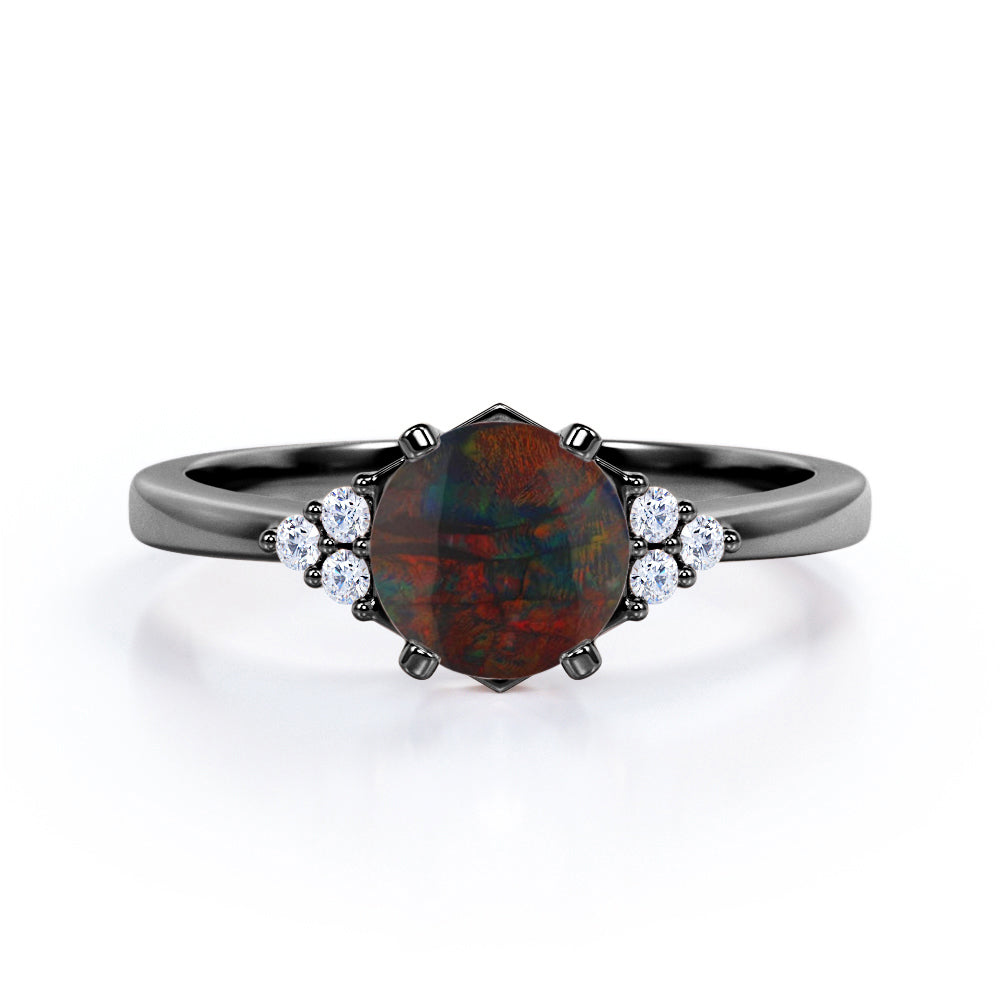 Tapered 1.10 Carat Round Cut Ethiopian Black Opal And Diamond Seven Stone Engagement Ring In White Gold