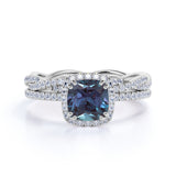 2 Ct Cushion Cut Lab Alexandrite Halo Bridal Set