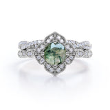 Antique floral 1.25 Carat Round Moss Agate Bridal Set