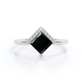 Geometric 1.15 Carat Princess Cut Lab Black Diamond and 2 Stone Contour Engagement Ring in White Gold