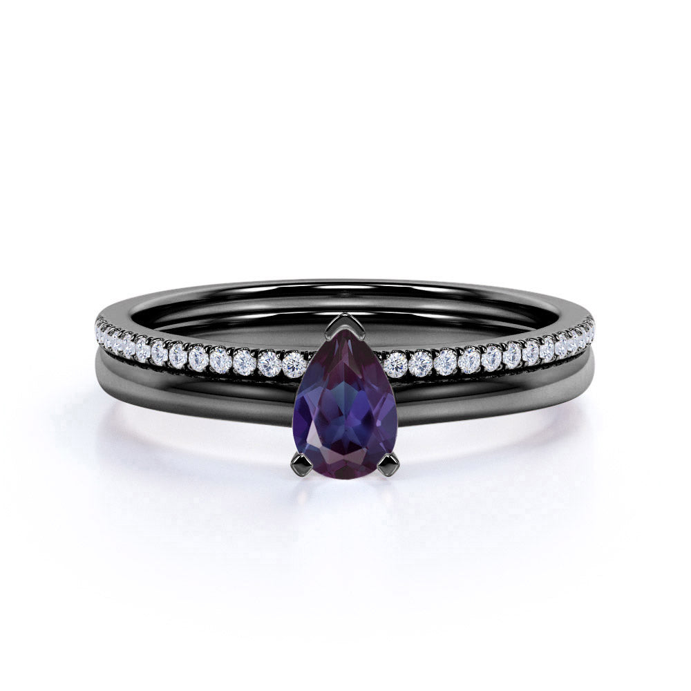 Dainty Single Stone 0.75 Carat Pear Shape Lab Created Alexandrite and Diamond Pave Wedding Ring Sets