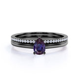 Dainty Single Stone 0.75 Carat Pear Shape Lab Created Alexandrite and Diamond Pave Wedding Ring Sets
