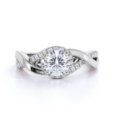 Elegant 1 Carat - Round Moissanite - Pave - Twisted Band - Infinity - Swirl Engagement Ring - 10K White Gold