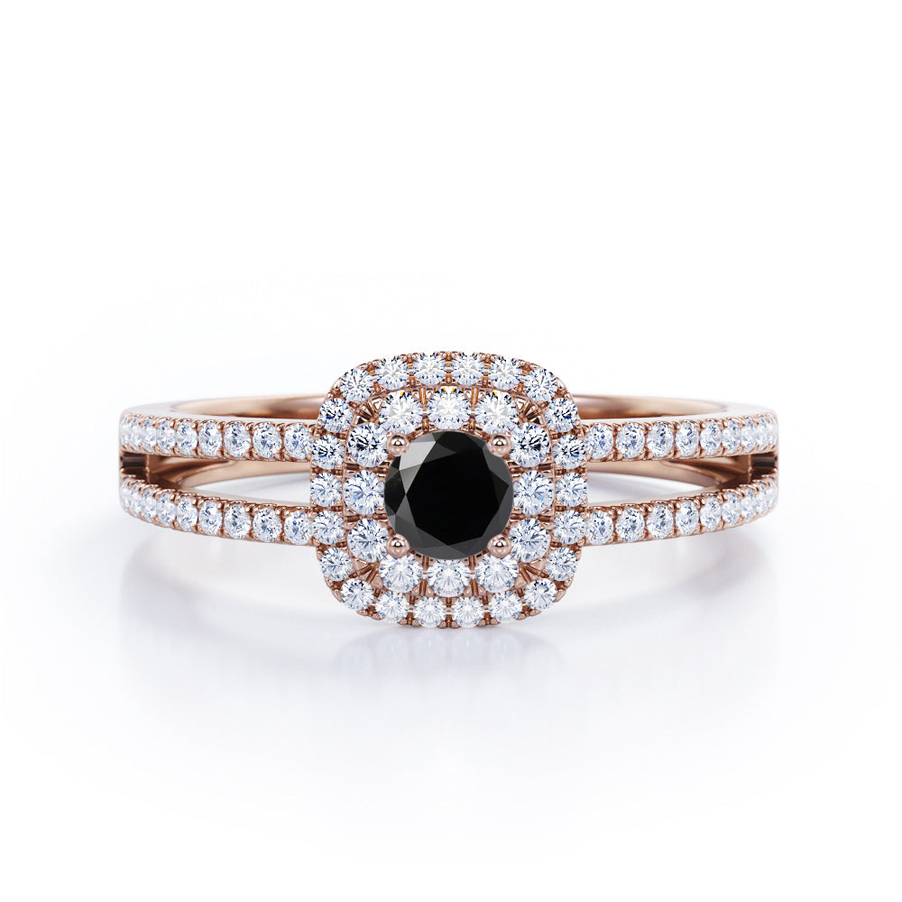 Split Shank 1.55 Carat Round Cut Black Diamond Double Halo  Engagement Ring In Black Gold