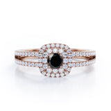 Split Shank 1.55 Carat Round Cut Black Diamond Double Halo  Engagement Ring In Black Gold