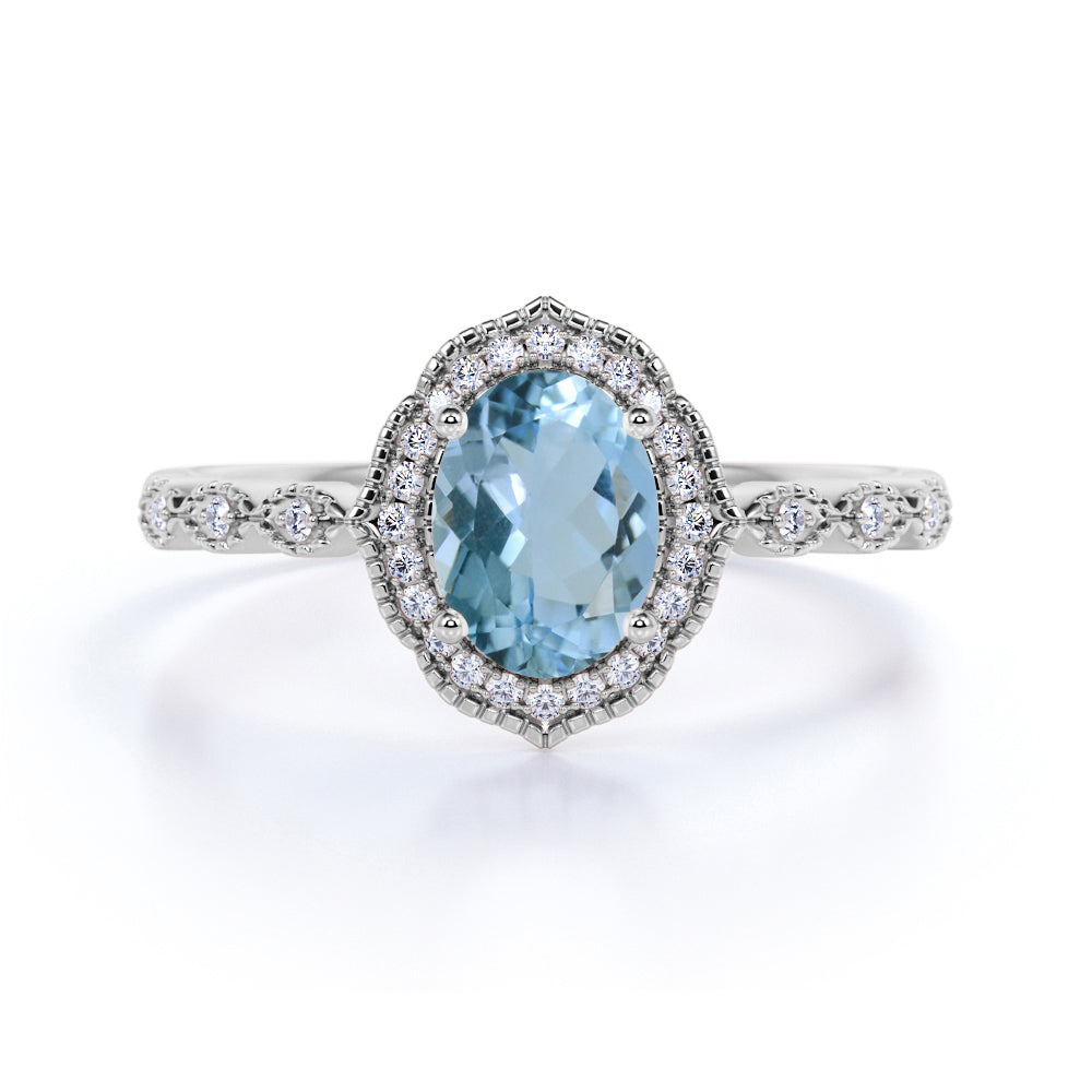 Massive 1.50 Carat Ovate Deep Blue Aquamarine and Diamond Modern Art Deco Engagement Ring in Rose Gold