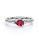 Three Stone Bezel Design 1.50 Carat Pear Shape Lab Ruby and Diamond Pave Wedding Ring Set in White Gold
