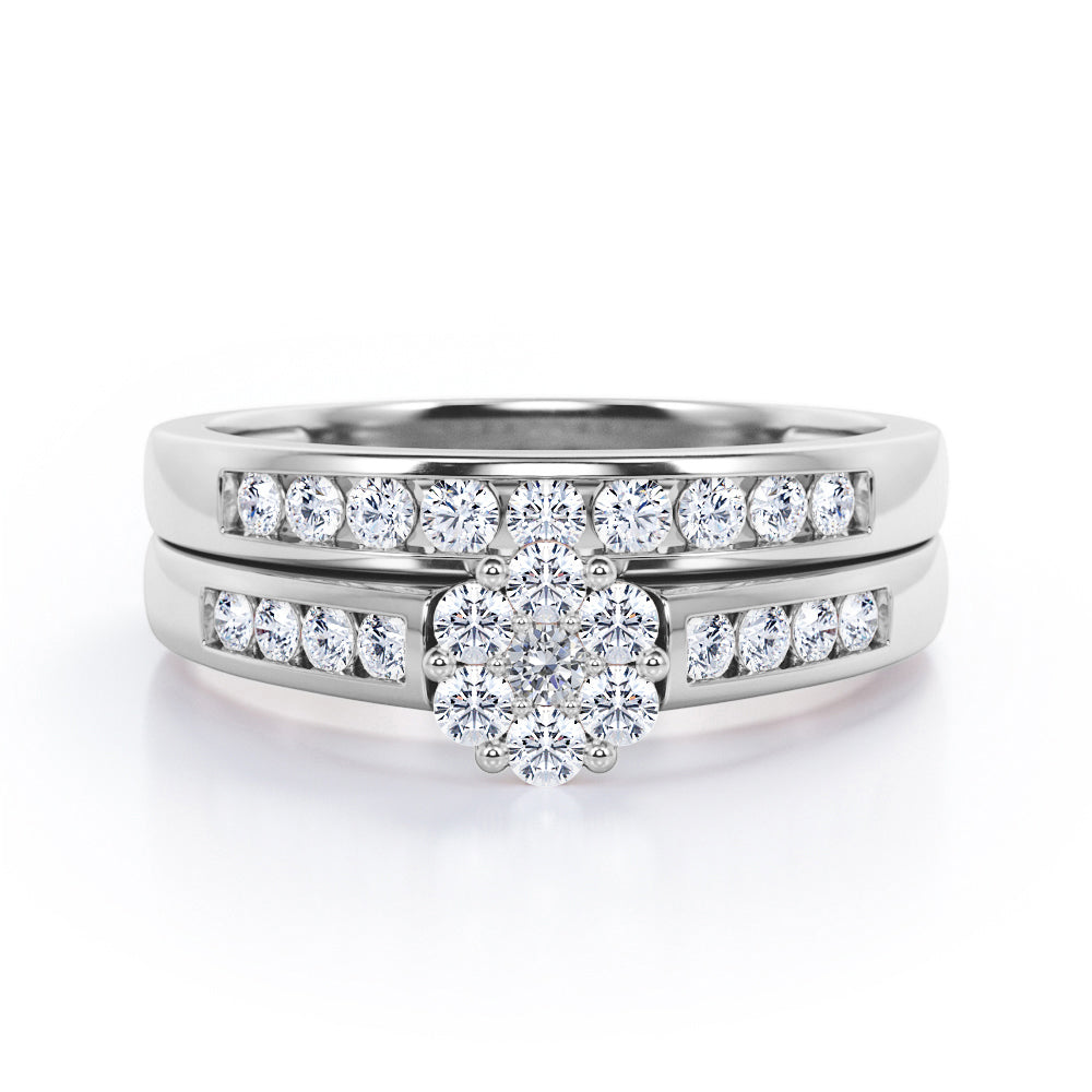 Flower Cluster Design 0.5 TCW Round-Shaped Moissanite and Diamond Flush-Channel Bridal Ring Set in  Black Gold