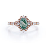 Unique Floral Design 1.50 Carat Oval Cut Dendritic Milky White Moss Green Agate and Diamond Art Deco Engagement Ring in Rose Gold