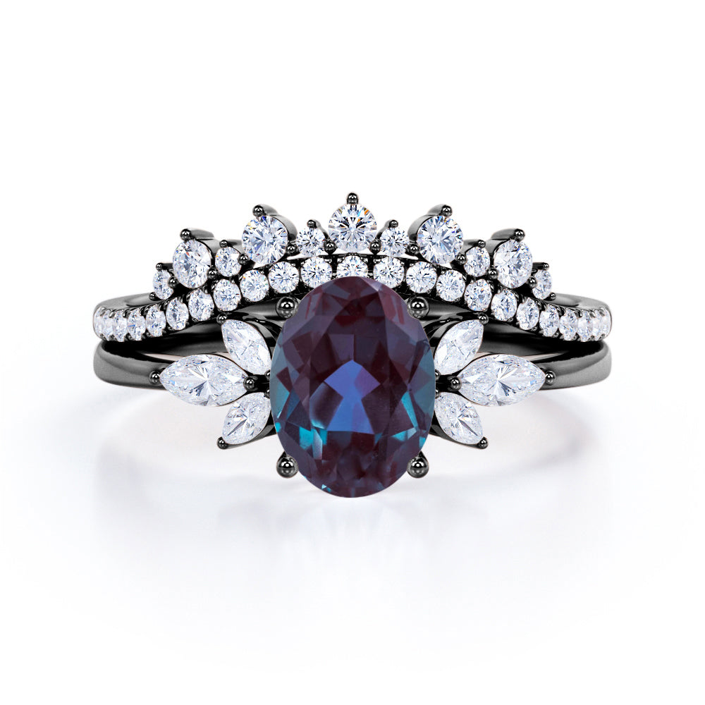 Seven Stone 1.60 Carat Oval Cut Lab Created Alexandrite And Diamond Leaf Décor Pave Bridal Set In White Gold