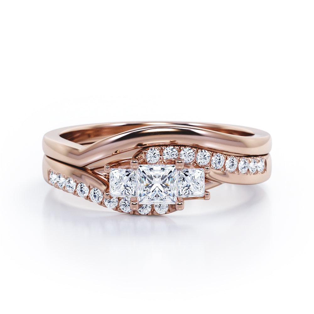 3 Stone Tension - 0.5 TCW Princess Cut Diamond - Flush Pave Curved Shank Wedding Set - 10K White Gold