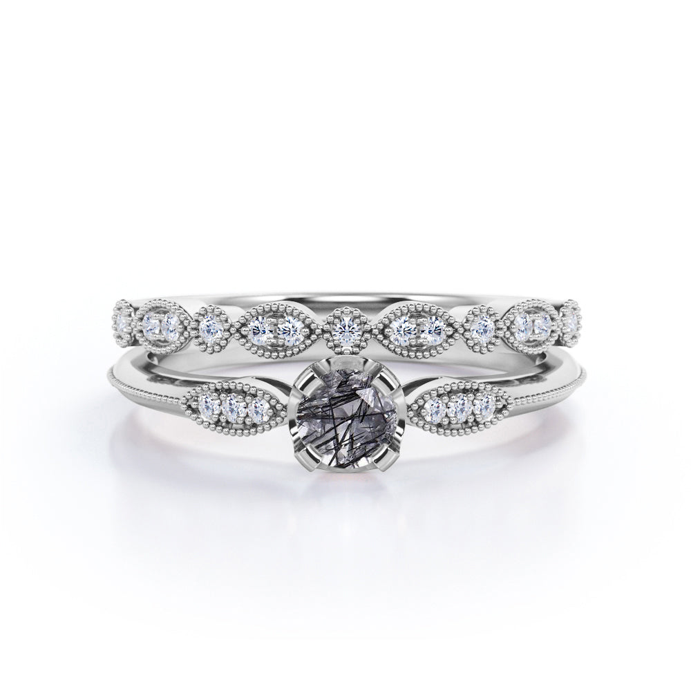 Vintage Decorative Milgrain 1.75 Carat Round Cut Solid Genuine Black Rutilated Quartz and Diamond Art Deco Band Bridal Set Rings