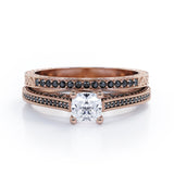 3 Sided Pave 1.55 TCW Princess Cut Moissanite with Lab Created Black Diamond Milgrain Decorated Wedding Ring Set in White Gold