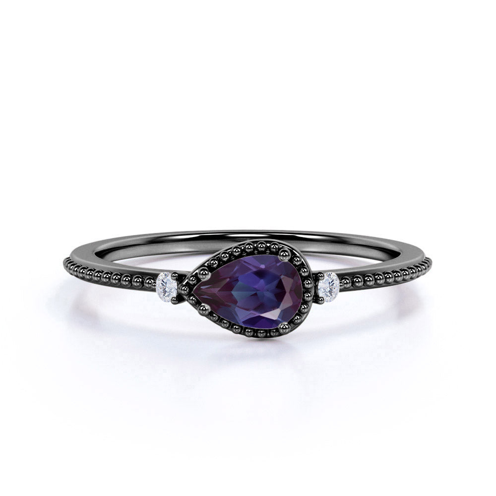 Dainty 0.60 Carat Pear Cut Lab Made Alexandrite and Diamond Three Stone Milgrain Engagement Ring