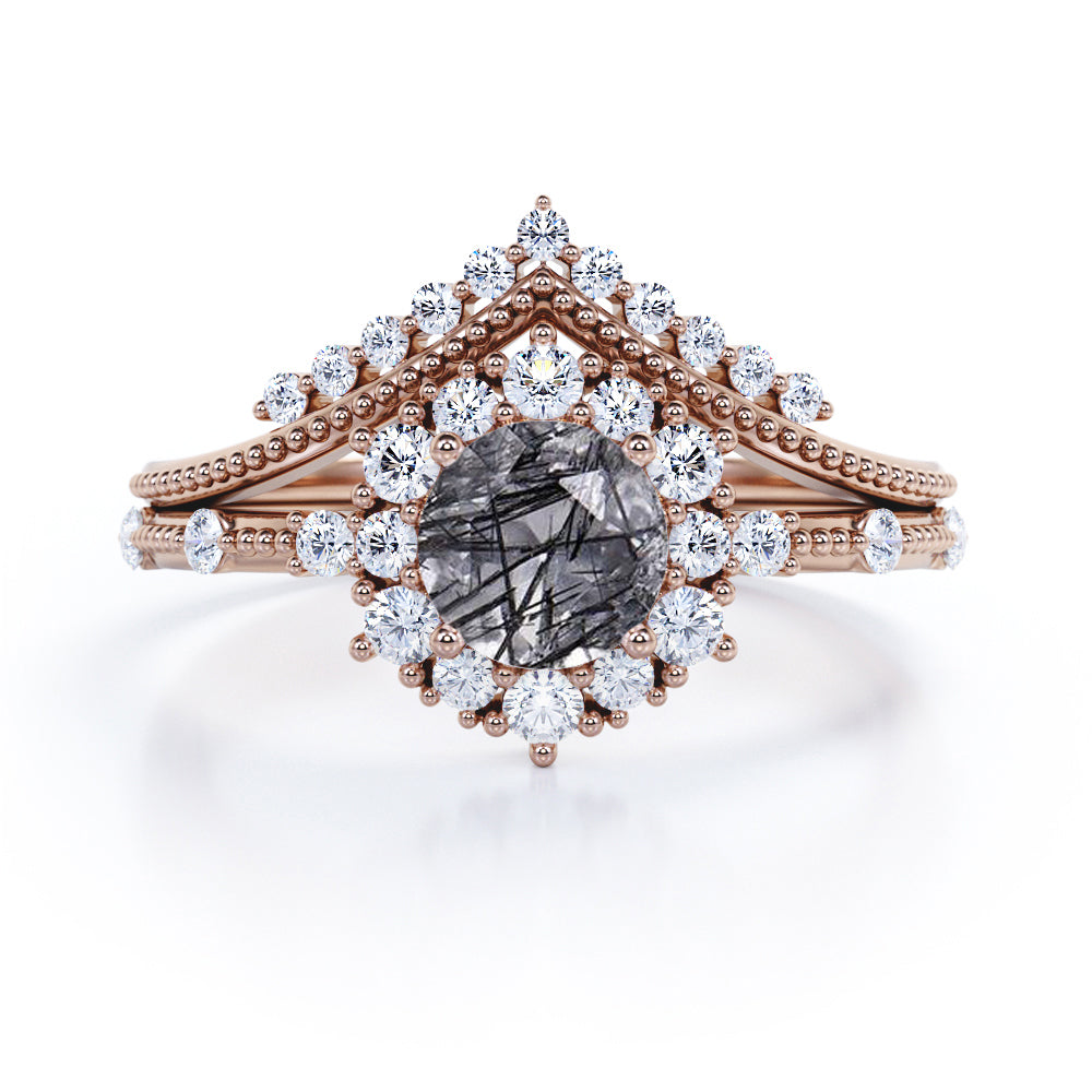 Beaded 1.40 ct Round Black Rutilated Quartz Tiara Halo Bridal Set