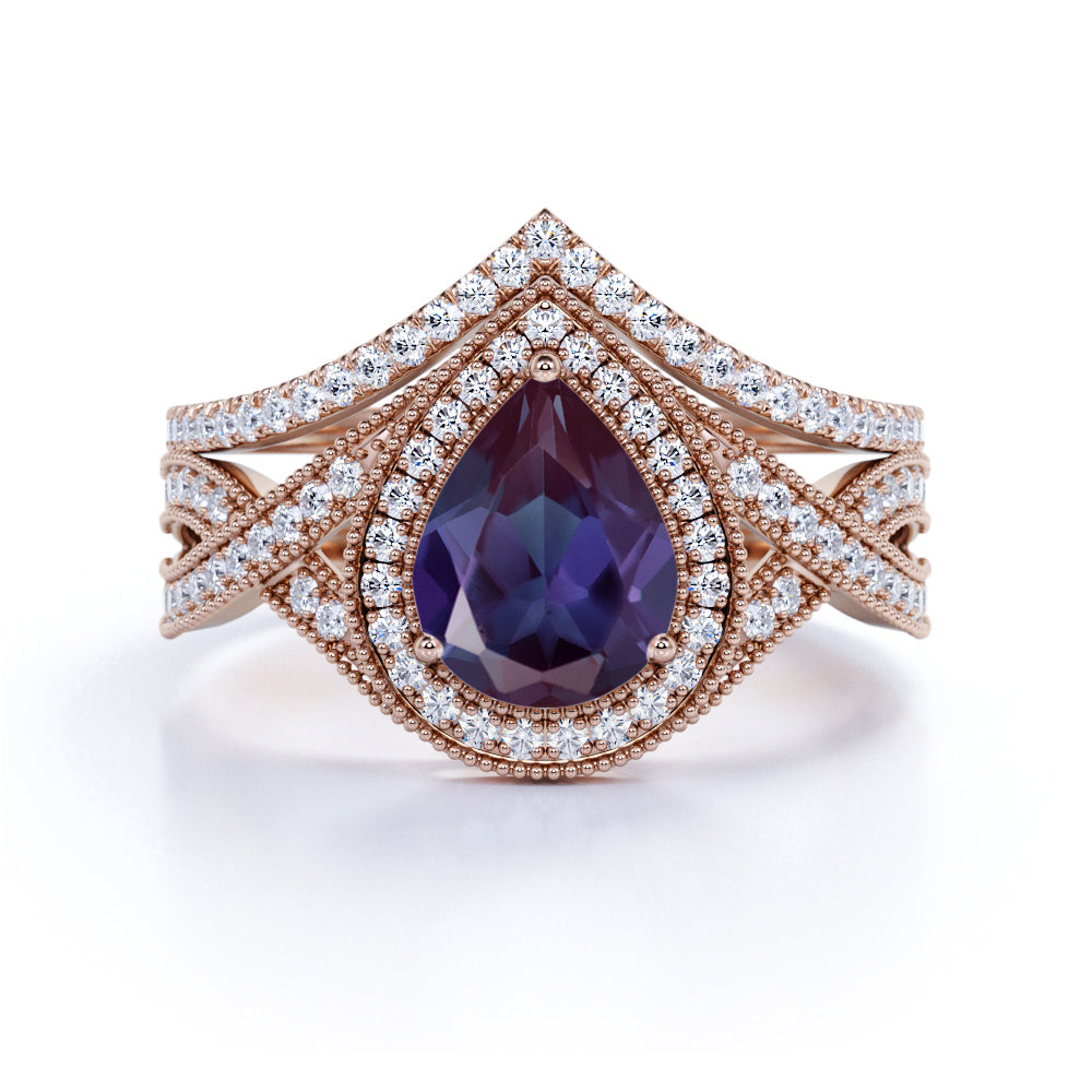 Vintage 1.75 Ct Pear Cut Lab Alexandrite Bridal Set