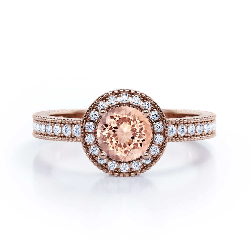 Decorative Halo 1 carat Round Morganite and Diamond Milgrain Engagement Ring in White Gold