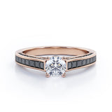 1.4 TCW Round Shape Moissanite with Lab Created Black Diamond - Pave and Channel - Cathedral Engagement Ring in White Gold
